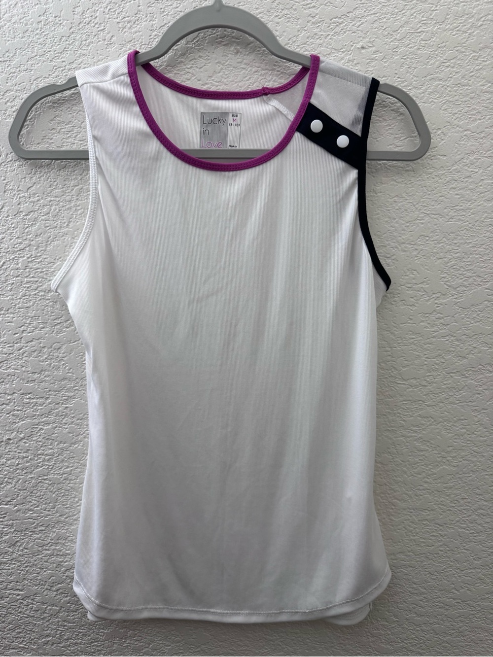 Lucky in Love White Athletic Tank with Purple Trim and Black Accent